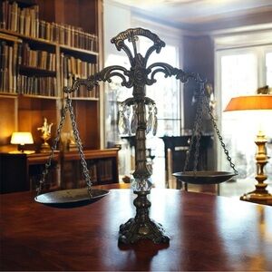 Hollywood Regency Scales of Justice Marble, Crystal, Bronze MCM